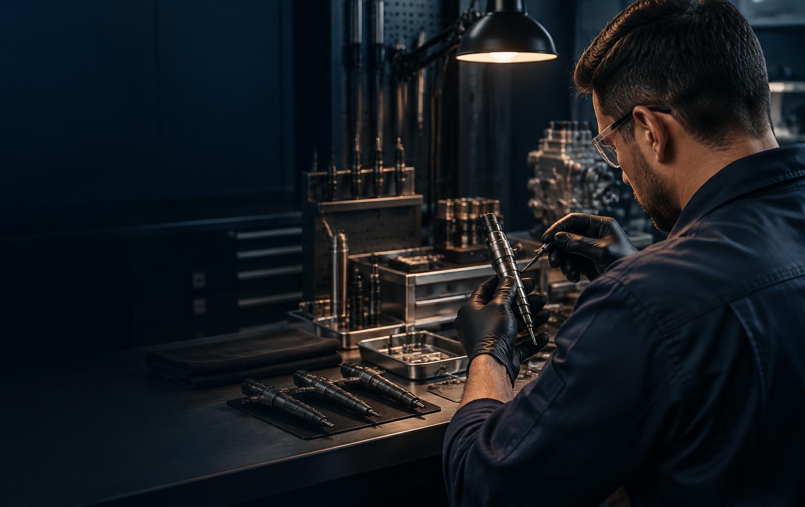 Técnico diesel trabalhando em um injetor common rail na bancada da oficina